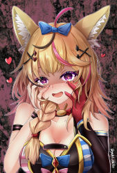 Rule 34 | 1girl, absurdres, ahoge, animal ear fluff, animal ears, armlet, blonde hair, blue bow, blush, bow, bowtie, braid, breasts, cleavage, collarbone, ebiko yaki, eyelashes, fox ears, gloves, hair bow, hair ornament, hands on own face, heart, heart-shaped pupils, highres, hololive, long hair, looking at viewer, medium breasts, omaru polka, omaru polka (1st costume), red background, red gloves, smile, solo, symbol-shaped pupils, twitter username, upper body, virtual youtuber, x hair ornament, yandere trance