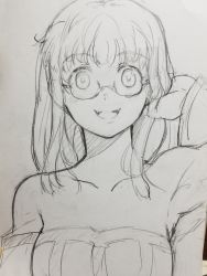 Rule 34 | 1girl, arc the lad ii, armpits, bare shoulders, braid, collarbone, dress, glasses, greyscale, hand in own hair, highres, lieza (arc the lad), long hair, looking at viewer, monochrome, open mouth, shimura (hosshi), simple background, smile, solo