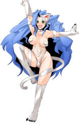 Rule 34 | 1girl, animal ears, animal hands, arm up, big hair, blue hair, body fur, breasts, capcom, cat ears, cat paws, cat tail, claws, fangs, felicia (vampire), green eyes, large breasts, long hair, navel, open mouth, shinobe, solo, standing, standing on one leg, tail, thighhighs, vampire (game), very long hair