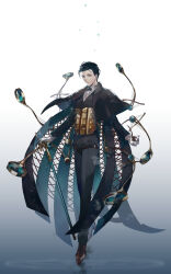 Rule 34 | 1boy, absurdres, black capelet, black hair, bow, bowtie, cane, capelet, collared shirt, fate/grand order, fate (series), formal, full body, gloves, green eyes, hair slicked back, highres, holding, holding smoking pipe, jacket, long sleeves, looking at viewer, m m6m6, magnifying glass, male focus, sherlock holmes (fate), shirt, short hair, smile, smoking pipe, solo, suit, white gloves
