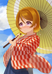 Rule 34 | 1girl, absurdres, artist name, artist request, blue hakama, blue sky, blush, breasts, brown hair, close-up, cloud, day, female focus, hair between eyes, hakama, hakama skirt, highres, holding, holding umbrella, japanese clothes, kimono, koizumi hanayo, long sleeves, looking at viewer, love live!, love live! school idol project, medium breasts, outdoors, parted lips, purple eyes, red kimono, short hair, skirt, sky, smile, solo, umbrella, wide sleeves