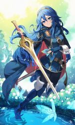 Rule 34 | 1girl, blue bodysuit, blue cape, blue eyes, blue footwear, blue gloves, blue hair, bodysuit, bug, butterfly, cape, fingerless gloves, fire emblem, fire emblem awakening, gloves, holding, holding sword, holding weapon, insect, long hair, looking at viewer, lucina (fire emblem), nakabayashi zun, nintendo, red cape, smile, solo, standing, standing on liquid, sword, tiara, water, watermark, weapon