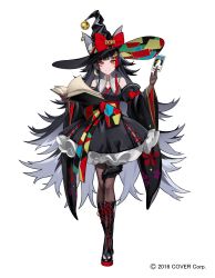 Rule 34 | 1girl, animal ears, bare shoulders, bell, bird, black dress, black footwear, black hair, black hat, boots, bow, card, cross-laced footwear, detached sleeves, dress, duck, earrings, fishnets, full body, gradient eyes, hat, highres, hololive, jewelry, lace-up boots, lam (ramdayo), long hair, looking at viewer, multicolored eyes, multicolored hair, ookami mio, pantyhose, red hair, smile, solo, standing, streaked hair, subaru duck, tail, tail wrap, very long hair, virtual youtuber, white background, wide sleeves, witch, witch hat, wolf ears, wolf girl, wolf tail, yellow eyes