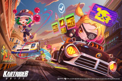 1boy 3girls :d absurdres angry belt blonde_hair blue_dress blue_eyes blunt_bangs boots chibi chibi_only closed_eyes cuffs dress eyepatch flying go-kart gradient_hair graffiti green_eyes green_hair hair_intakes hat heart heart_belt_buckle high_side_ponytail highres holographic_interface jacket kartrider kartrider:_drift kris_(kartrider) kyung_moon_eun leather logo magic multicolored_hair multiple_girls official_art one_eye_closed open_mouth orb pink_hair raptor_l_(kartrider:_drift) red_belt short_hair side_ponytail skull_print smile sophia_(kartrider) sprinkles teeth thighhighs tiera_(kartrider) two-tone_hair wrist_cuffs