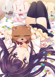 Rule 34 | 1girl, apron, badge, bed, bed sheet, black thighhighs, blush, button badge, candy, collarbone, daisy (working!!), food, inato serere, jelly bean, looking at viewer, lying, hugging object, purple eyes, purple hair, skirt, smile, solo, stuffed animal, stuffed toy, teddy bear, thighhighs, uniform, upside-down, working!!, yamada aoi