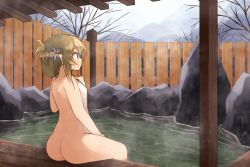 Rule 34 | 1girl, ass, back, bare tree, blue eyes, blue flower, blush, brown hair, commentary request, covering privates, day, fence, flower, folded ponytail, from behind, hair flower, hair ornament, hand on own chest, hand on own thigh, highres, kaginoni, long hair, mountainous horizon, nude, nude cover, on floor, onsen, original, outdoors, profile, rock, selenoah, sidelocks, sitting, soaking feet, solo, steam, towel, tree, water, winter, wooden fence, wooden floor