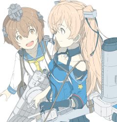 Rule 34 | 2girls, adapted turret, bare shoulders, binoculars, black neckerchief, breasts, brown eyes, brown hair, cannon, closed mouth, dress, gloves, headgear, headset, johnston (kancolle), kantai collection, ladder, light brown hair, light smile, long hair, looking at another, multiple girls, neckerchief, ninimo nimo, open mouth, sailor dress, school uniform, serafuku, short hair, single glove, smokestack, speaking tube headset, star (symbol), teeth, torpedo launcher, turret, twintails, two side up, united states medal of honor, weapon, yellow neckerchief, yukikaze (kancolle)