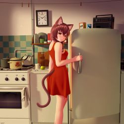Rule 34 | 1girl, 2ch.ru, absurdres, animal ear fluff, animal ears, apple, bare arms, bare shoulders, blush, braid, brown eyes, brown hair, cat ears, cat girl, cat tail, clock, clothes pin, clothing cutout, commentary, cup, cutting board, dress, english commentary, food, fruit, grater, hair between eyes, highres, indoors, kitchen, ladle, long hair, mug, pot, red dress, refrigerator, side braid, sleeveless, sleeveless dress, smile, solo, stove, tail, tail through clothes, uvao-tan, wall clock, wlper