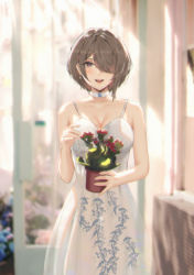 Rule 34 | 1girl, bare shoulders, blurry, blurry background, blush, breasts, brown hair, choker, cleavage, commentary request, cowboy shot, day, depth of field, dress, earrings, eleaaa, hair over one eye, happy, highres, holding, holding plant, honkai (series), honkai impact 3rd, indoors, jewelry, looking at viewer, medium breasts, mole, mole under eye, open mouth, plant, potted plant, print dress, purple eyes, rita rossweisse, short hair, smile, solo, standing, strapless, strapless dress, sunlight, twitter username, white choker, white dress