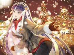 Rule 34 | 1girl, :d, absurdres, black pants, blue eyes, blunt bangs, blurry, blush, building, christmas tree, coat, commentary request, commission, depth of field, fate/grand order, fate (series), fur-trimmed coat, fur trim, gloves, graphite (medium), grey coat, hair ribbon, highres, leaning forward, long hair, long ribbon, looking at viewer, martha (fate), natsujiru, open mouth, pants, pixiv commission, purple hair, red gloves, red sweater, ribbed sweater, ribbon, smile, snow, solo, sweater, traditional media, very long hair, white ribbon, winter clothes, winter coat
