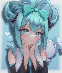 Rule 34 | 1girl, absurdres, arm tattoo, artist name, black sleeves, blue bow, blue eyes, blue hair, blue nails, borrowed hairstyle, bow, cinnamiku, cinnamoroll, closed mouth, detached sleeves, ear bow, folded twintails, grey shirt, hair between eyes, hair bow, hatsune miku, heart, highres, kenn artz, long hair, long sleeves, looking at viewer, nail polish, number tattoo, sanrio, shirt, sleeveless, sleeveless shirt, smile, solo, tattoo, tied ears, updo, upper body, vocaloid