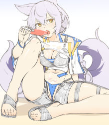 Rule 34 | 1girl, animal ears, arknights, bikini, bikini under clothes, blue bikini, breasts, cleavage, cropped shirt, food, hair between eyes, holding food, holding ice cream, ice cream, large breasts, looking at viewer, navel, official alternate costume, open clothes, open shorts, popsicle, provence (arknights), provence (casual vacation) (arknights), purple hair, sandals, seto tinami, shirt, short sleeves, shorts, sitting, solo, spread legs, swimsuit, tail, white shirt, white shorts, wolf ears, wolf girl, wolf tail, yellow eyes