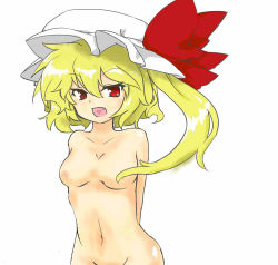 Rule 34 | 1girl, arms behind back, bad id, bad pixiv id, blonde hair, bow, breasts, fang, female focus, flandre scarlet, hat, hat bow, jpeg artifacts, medium breasts, nipples, nude, open mouth, red eyes, short hair, side ponytail, simple background, solo, syannhai-doll, touhou, upper body, white background