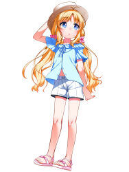 Rule 34 | 1girl, :o, bare legs, blonde hair, blue eyes, blue shirt, blush, full body, hair ornament, hair scrunchie, hand on headwear, highres, kashiwagi hatsune, kizuato, long hair, looking to the side, navel, partially unbuttoned, pink footwear, sandals, scrunchie, shirt, short sleeves, shorts, shouji ayumu, simple background, solo, toes, twintails, very long hair, white background, white shorts