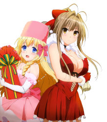 Rule 34 | 10s, 2girls, absurdres, amagi brilliant park, bare shoulders, blonde hair, blue eyes, blush, breasts, brown eyes, brown hair, christmas, cleavage, hair ribbon, hat, highres, large breasts, latifa fleuranza, long hair, looking at viewer, multiple girls, open mouth, ponytail, ribbon, sento isuzu, simple background, source request, standing, white background, yellow eyes
