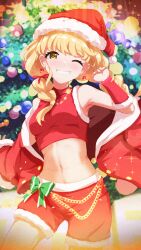 1girl absurdres blonde_hair braid christmas_tree crop_top fujita_kotone gakuen_idolmaster hair_ribbon hat highres idolmaster long_hair looking_at_viewer midriff navel one_eye_closed red_hat red_ribbon red_shirt red_shorts ribbon sanami_(sanami_t_38) santa_hat shirt short_shorts shorts sleeveless sleeveless_shirt smile solo twin_braids yellow_eyes