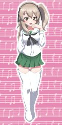 Rule 34 | 1girl, absurdres, alternate costume, boots, brown eyes, brown hair, cro, girls und panzer, hair ribbon, hand up, highres, long hair, looking at viewer, musical note, ooarai school uniform, open mouth, ribbon, school uniform, shimada arisu, thigh boots