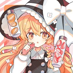 Rule 34 | 1girl, black shirt, blonde hair, braid, collared shirt, flower, food, fruit, hat, highres, holding, holding food, holding fruit, kirisame marisa, long hair, red theme, shirocha tei, shirt, side braid, solo, strawberry, touhou, twitter username, upper body, white shirt, witch, witch hat, yellow eyes