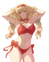 Rule 34 | 1girl, armpits, arms up, athena (granblue fantasy), bikini, blonde hair, braid, breasts, choker, cleavage, cowboy shot, criss-cross halter, granblue fantasy, grey eyes, groin, hairband, halterneck, hand in own hair, highres, long hair, looking at viewer, medium breasts, navel, nos, red bikini, simple background, smile, solo, swimsuit, teeth, twin braids, white background