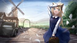 Rule 34 | 1girl, :d, absurdres, akinakesu-chan, animal ear fluff, animal ears, arm up, bag, blonde hair, blue dress, blue eyes, blue sky, building, car, cloud, collared dress, commentary request, day, dress, fang, gate, highres, holding, holding bag, long hair, long sleeves, motor vehicle, neck ribbon, open mouth, original, outdoors, petals, red ribbon, ribbon, shirt, sky, sleeveless, sleeveless dress, smile, solo, standing, very long hair, white shirt, windmill