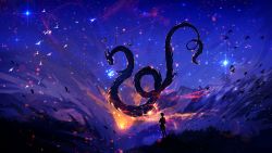 Rule 34 | 1other, absurdres, ambiguous gender, animal, bird, colorful, dragon, eastern dragon, fantasy, from behind, glowing, grass, highres, night, night sky, original, outdoors, pants, rykyart, scenery, short hair, sky, standing
