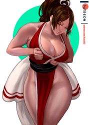 Rule 34 | 1girl, bare shoulders, breasts, brown eyes, brown hair, cleavage, closed mouth, curvy, fatal fury, high ponytail, hip focus, large breasts, long hair, looking at viewer, ninja, obi, pelvic curtain, ponytail, rejean dubois, revealing clothes, sash, shiranui mai, smile, snk, solo, the king of fighters, thighs, watermark, web address, wide hips