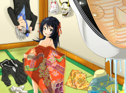 Rule 34 | 1boy, 1girl, black hair, blush, bow, breasts, clothes on floor, dressing, drooling, flower, hair ornament, hanging, highres, himeno mikoto, himuro hitoshi, holding, japanese clothes, kaii shoukougun, kimono, mask, necktie, noh mask, oni mask, open mouth, out of character, red bow, saliva, school uniform, serafuku, shadow, sidelocks, silver hair, skirt, socks, surprised, trailblazer003, video camera, yellow eyes
