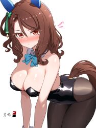 Rule 34 | 1girl, absurdres, animal ears, bare shoulders, black leotard, blush, bow, bowtie, breasts, brown hair, cleavage, cowboy shot, detached collar, ear covers, embarrassed, hair between eyes, hanafuda (hanafuda0116), highleg, highleg leotard, highres, horse ears, horse girl, horse tail, king halo (umamusume), large breasts, leotard, long hair, looking at viewer, medium hair, nose blush, pantyhose, playboy bunny, red eyes, simple background, solo, strapless, strapless leotard, tail, umamusume, white background, wrist cuffs