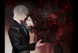 Rule 34 | 1boy, 1girl, black hair, black jacket, blood, blood from mouth, blood vessels, blue necktie, bound, breasts, closed mouth, collared shirt, elena (project moon), expressionless, grabbing, grabbing another&#039;s breast, hanging, jacket, jae-heon, large breasts, library of ruina, long hair, long sleeves, looking at another, necktie, nishikujic, project moon, shirt, string, white hair, white shirt, wing collar
