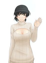 Rule 34 | 1girl, aged up, amagami, black eyes, black hair, blush, breasts, cleavage, cleavage cutout, clothing cutout, dai dassou, female focus, large breasts, mature female, meme attire, open-chest sweater, open chest turtle neck, ponytail, ribbed sweater, short hair, smile, solo, sweater, tsukahara hibiki, turtleneck, waving