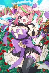 Rule 34 | + +, 1girl, absurdres, azuchi momo, azuchi momo (2nd costume), black dress, black gloves, black thighhighs, blue sky, blush stickers, bow, breasts, cleavage cutout, clothing cutout, cloud, cloudy sky, crown, day, dot nose, dress, drill hair, fang, feet up, flower, garden, gloves, gold crown, golden rose, green hair, hair ornament, hair tie, hashtag-only commentary, heart, heart hair ornament, highres, holding, holding staff, large breasts, long hair, mini crown, multicolored clothes, multicolored dress, multicolored hair, nijisanji, official alternate costume, official alternate hairstyle, open mouth, outdoors, pink eyes, pink hair, puffy short sleeves, puffy sleeves, purple bow, purple dress, purple flower, purple footwear, purple rose, red flower, red rose, rose, short sleeves, skin fang, sky, smile, solo, sparkle, staff, streaked hair, sukoyaka (100hituzi), thighhighs, thighs, twin drills, twintails, two-tone hair, virtual youtuber, white bow, white dress, white flower, white rose, wrist bow