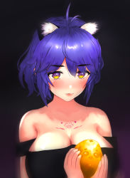 Rule 34 | 1girl, antenna hair, bare shoulders, black dress, blue hair, breasts, cat, collarbone, commentary, dark background, demon, dress, highres, holding, kizu, large breasts, looking at viewer, mole, mole under mouth, original, ponytail, purple eyes, short hair, simple background, smile, strapless, strapless dress, tattoo, yellow eyes