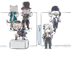 Rule 34 | 2boys, 3girls, animal ears, aqua bow, black footwear, black hair, black headwear, black jacket, black pants, black shirt, blonde hair, boots, bow, brother and sister, brothers, cat ears, chibi, closed eyes, commentary, cup, disposable cup, drinking, freminet (genshin impact), from behind, genshin impact, grey hair, hair bow, hat, holding, holding cup, jacket, jacket on shoulders, long sleeves, lynette (genshin impact), lyney (genshin impact), multiple boys, multiple girls, on one knee, outstretched arms, pants, shenhe (genshin impact), shirt, short hair, siblings, standing, symbol-only commentary, top hat, white background, white hair, white jacket, xinzoruo, yelan (genshin impact)