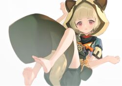 Rule 34 | 1girl, animal ear headwear, animal ears, barefoot, blonde hair, blunt bangs, blurry, blurry foreground, depth of field, fake animal ears, feet, full body, genshin impact, highres, hood, hood up, jacket, japanese clothes, light blush, looking at viewer, open clothes, open jacket, parted lips, pen liangshui po ya po, pink eyes, raccoon ears, raccoon girl, raccoon tail, sayu (genshin impact), short hair, short sleeves, shuriken, simple background, soles, solo, tail, toes, weapon, white background