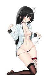 Rule 34 | 1girl, :q, ahoge, alternate costume, areola slip, asymmetrical legwear, azur lane, black hair, black nails, black panties, black thighhighs, blush, breasts, choker, cleavage, closed mouth, collarbone, collared shirt, commentary, fishnet thighhighs, fishnets, full body, groin, hair between eyes, highres, kneeling, knees together feet apart, large breasts, long hair, long sleeves, looking at viewer, mismatched legwear, nail polish, navel, open clothes, open shirt, panties, panty pull, red choker, red eyes, shirt, sidelocks, simple background, single thighhigh, skindentation, smile, solo, stomach, taihou (azur lane), thighhighs, tongue, tongue out, underwear, uneven legwear, white background, white shirt, zerotwenty (020)