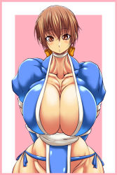 Rule 34 | arms behind back, breasts, brown eyes, brown hair, choker, cleavage, dead or alive, extreme muscles, huge breasts, japanese clothes, kasumi (doa), looking at viewer, purukogi (plasma beach), tecmo
