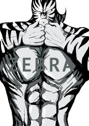 Rule 34 | 1boy, abs, blank eyes, clenched hands, highres, kinnikuman, kinnikuman zebra, large pectorals, looking at viewer, manly, muscular, pectorals, serious, simple background, solo, white background, wrestling, wrestling mask, wrestling outfit, yoshiokanp