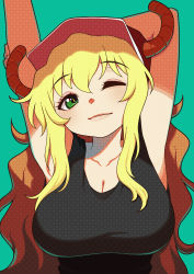 Rule 34 | 1girl, absurdres, arm behind head, arms up, blonde hair, blush, breasts, cleavage, closed mouth, collarbone, dragon girl, dragon horns, green eyes, hat, highres, horns, kobayashi-san chi no maidragon, large breasts, lips, long hair, looking at viewer, lucoa (maidragon), nakachiruno, one eye closed, red hat, smile, solo