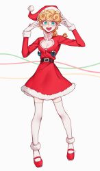 Rule 34 | 1girl, blonde hair, blue eyes, braid, breasts, capelet, cleavage, cleavage cutout, clothing cutout, fur trim, genderswap, genderswap (mtf), giorno giovanna, gloves, grin, hat, highres, jojo no kimyou na bouken, red capelet, santa costume, santa hat, sempon (doppio note), skirt, smile, solo, thighhighs, vento aureo, white gloves, white thighhighs