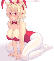 Rule 34 | 1girl, animal ears, blonde hair, blush, bow, bowtie, breasts, cat ears, collarbone, highres, large breasts, leotard, looking at viewer, nottytiffy, original, patreon username, playboy bunny, ponytail, red eyes, simple background, sitting, solo, tiffy (nottytiffy), wariza, white background