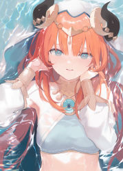 Rule 34 | 1girl, aqua eyes, blush, breasts, brooch, circlet, from above, fujiyama, genshin impact, gold trim, hand on own face, highres, horns, jewelry, long hair, long sleeves, lying, medium breasts, neck ring, nilou (genshin impact), on back, parted lips, partially submerged, puffy long sleeves, puffy sleeves, red hair, smile, solo, twintails, upper body, veil, water, wet, wet clothes