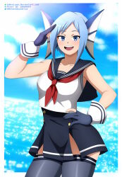 Rule 34 | 1girl, absurdres, armpits, artist name, bare shoulders, black thighhighs, blue eyes, blue gloves, blue hair, boku no hero academia, breasts, cloud, collarbone, day, eyelashes, female focus, fin ears, fins, gloves, hand on own hip, hand up, happy, high-waist skirt, highres, iharuluna, legs, looking at viewer, matching hair/eyes, medium breasts, medium hair, miniskirt, neck, ocean, open mouth, outdoors, parted bangs, partially fingerless gloves, sailor collar, sailor shirt, salute, shiny skin, shirt, side slit, sidelocks, sirius (boku no hero academia), skirt, sky, sleeveless, sleeveless shirt, thighhighs, thighs