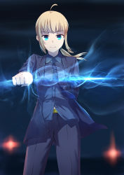 Rule 34 | ahoge, artoria pendragon (all), artoria pendragon (fate), bad id, bad pixiv id, blonde hair, blue eyes, fate/stay night, fate/zero, fate (series), formal, highres, invisible air (fate), necktie, pant suit, pants, saber (fate), solo, suit, wujia xiaozi