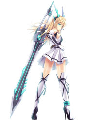 Rule 34 | 1girl, absurdres, blonde hair, copyright request, full body, green eyes, high heels, highres, huge weapon, looking back, shoes, simple background, solo, standing, sword, thighs, weapon, white background, white legwear, zi se