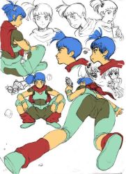 Rule 34 | 1girl, ass, blue hair, character sheet, drink, drinking straw, female focus, flat color, gun, holster, leg warmers, partially colored, rag uralo, redwolf, scarf, sentou mecha xabungle, short hair, sitting, solo, weapon