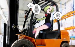Rule 34 | 1girl, black shirt, blue shorts, blush, bob cut, breasts, clothed pokemon, colored skin, creatures (company), dolphin shorts, driving, earrings, english text, female focus, forklift, from side, game freak, gardevoir, gen 3 pokemon, green hair, green skin, hair over one eye, happy, heart, highres, indoors, jewelry, legs, looking at viewer, multicolored skin, nintendo, one eye covered, open mouth, photo background, pokemon, pokemon (creature), red eyes, saltyxodium, shiny skin, shirt, short hair, short shorts, short sleeves, shorts, side slit, sitting, small breasts, smile, solo, speech bubble, spoken heart, talking, teeth, thighs, two-tone skin, warehouse, white skin