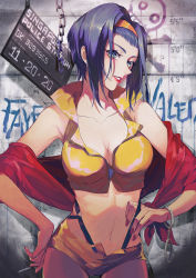 Rule 34 | 1girl, bare shoulders, breasts, cleavage, cowboy bebop, cuffs, faye valentine, green eyes, hairband, handcuffs, highres, keikoku (kujira), medium breasts, midriff, navel, parted lips, purple hair, short hair, short shorts, shorts, smile, solo, standing, suspenders