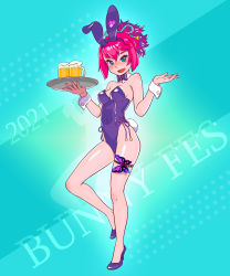 Rule 34 | 1girl, animal ears, blue background, bow, bowtie, commentary request, detached collar, fake animal ears, fukusuke hachi-gou, full body, high heels, highres, leotard, looking at viewer, multicolored hair, original, pink hair, playboy bunny, ponytail, purple bow, purple bowtie, purple footwear, purple hair, purple leotard, rabbit ears, rabbit tail, short hair, solo, standing, standing on one leg, strapless, strapless leotard, streaked hair, tail, wrist cuffs