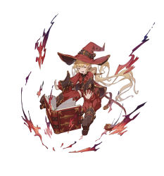 Rule 34 | 1girl, belt, belt buckle, blonde hair, book, boots, brown belt, brown hair, buckle, floating, hat, long hair, open book, open mouth, orange eyes, original, pointy ears, red hat, simple background, solo, sunligh mao, teeth, tongue, twintails, white background, witch hat