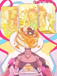 Rule 34 | 1boy, 2girls, aged down, bartholomew kuma, black hair, black shirt, blue eyes, child, closed eyes, commentary, cooking, eating, family, father and daughter, food, fork, ginny (one piece), highres, holding, holding fork, holding knife, holding plate, jewelry bonney, knife, long hair, mother and daughter, multiple girls, one piece, open mouth, pancake, pink hair, pink shirt, plate, shirt, short hair, sidelocks, smile, symbol-only commentary, teeth, tongue, tongue out, upper teeth only, ususmomo